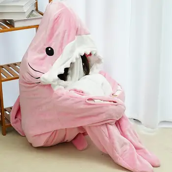 Розовое одеяло с акулой Взрослый Супер Мягкий Фланелевый Толстовка с капюшоном Спальный мешок Носимая свободная цельная пижама Мягкая пижама