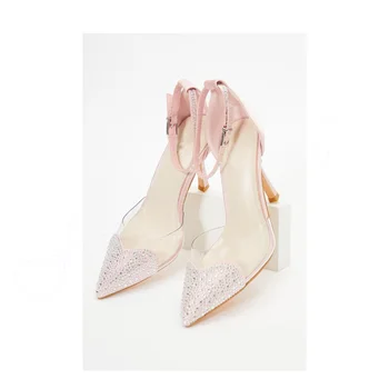 Розовый прозрачный ПВХ Кристалл Декор Сандалии Туфли на шпильке Обувь на высоком каблуке для женщин Пряжка лодыжки Свадебная обувь 2023 Zapatos Para Mujere