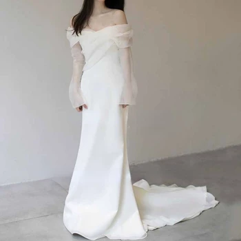  Роскошные платья для свадебной вечеринки с открытыми плечами с полным рукавом Французские однотонные простые приталенные русалки Tailing Vestidos High End Платье