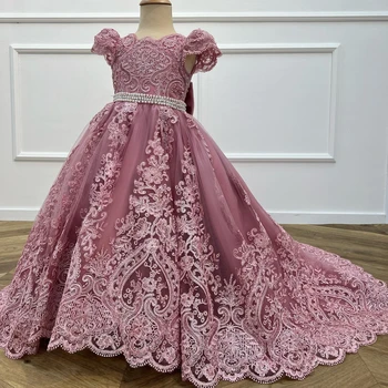 Роскошные розовые платья для девочек-цветочков для свадьбы аппликации детские платья на день рождения с бантом бусины до пола платья для девочек