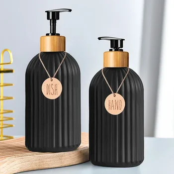  с бутылками Черное мыло Кухонные теги Лосьон Многоразовый жидкий бамбуковый диспенсер для посуды Руки для ванной