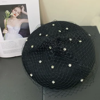сетчатая вуаль винтаж горный хрусталь декор береты элегантные однотонные беретные шапки классический художник кепка для женщин
