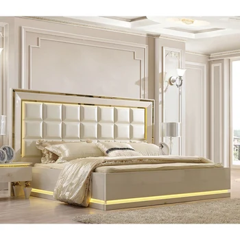 Скандинавский стиль Роскошная двуспальная кровать Современная домашняя мебель Массив дерева и натуральная кожа Белый глянцевый спальный гарнитур