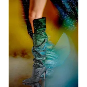 смешанный цвет горный хрусталь гольф сапоги остроконечный носок обувь для женщин тонкие высокие каблуки роскошная сексуальная обувь 2023 Zapatos Para Mujere