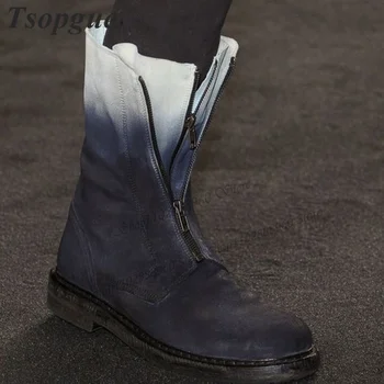 Средняя икра Градиент Флок Западный стиль Мужская обувь Мужские сапоги Передняя молния Подиум Повседневная обувь для вечеринок 2023 Мода Zapatillas Mujer