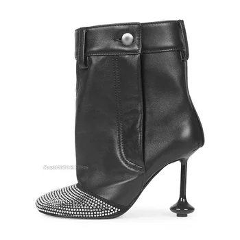 Хрустальная пряжка Декор Черный сапоги с круглым носком Женская обувь Женская обувь Странный стиль Каблуки Мода 2023 Zapatos Para Mujere
