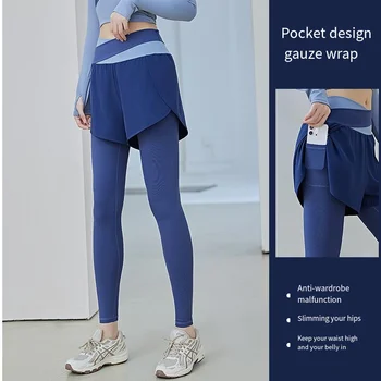 Штаны для йоги Женские высокоэластичные быстросохнущие спортивные леггинсы Поддельные брюки для бега из двух частей Подтяжка живота Сетчатые карманные брюки с высокой талией