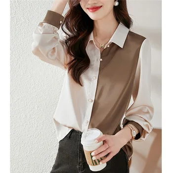 Элегантная шикарная офисная леди из бисера рубашка на пуговицах Корейская мода Пэчворк с длинным рукавом Топ-блузка для поездок на работу Женская одежда Blusas 2023