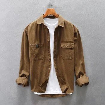 Японская осень ретро рубашка с длинными рукавами мужская фирма прилив бренд лацкан из чистого хлопка повседневная рубашка пальто