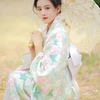 Японское улучшенное кимоно с легким ветром для женщин, халат с зеленым рисунком, литературный винтаж, вечернее платье для девочки, портрет